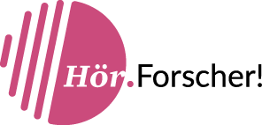 Das Logo zeigt einen stilisierten Schallwellenkreis in Pink mit dem Schriftzug „H r.Forscher!“ in Wei und Schwarz.  Beschreibung von KI generiert