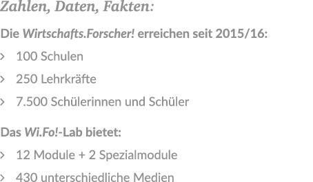 Zahlen, Daten, Fakten: Die Wirtschafts.Forscher! erreichen seit 2015/16: � 100 Schulen � 250 Lehrkr fte � 7.500 Sch l...