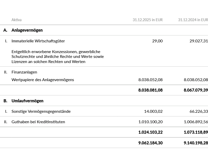 ,Aktiva,31.12.2025 in EUR,31.12.2024 in EUR,A. ,Anlageverm gen,I. ,Immaterielle Wirtschaftsg ter Entgeltlich erworben...