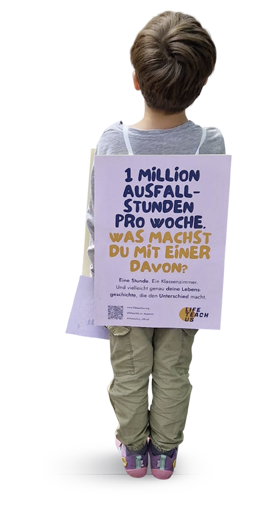 Ein Kind steht mit dem R cken zur Kamera und tr gt ein Schild mit der Aufschrift ber Ausfallstunden und der Frage, was man mit einer solchen Zeit machen w rde.  Beschreibung von KI generiert