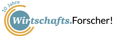 Das Logo zeigt den Schriftzug „10 Jahre Wirtschafts.Forscher!“ in einer Kombination aus Blau, Orange und Schwarz mit einem stilisierten Kreis. Beschreibung von KI generiert